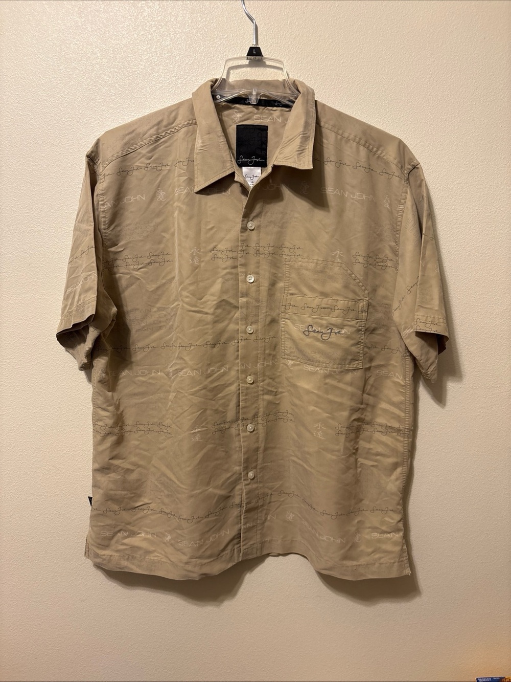 Sean John Short-Sleeve Button-Down Shirt in Khaki Beige